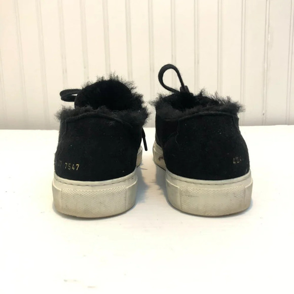 Woman by Common Projects Sherpa Suede Fuzzy Black Low Lace Up Designer Sneakers - Picture 5 of 9